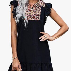 Women's Mini Dress Casual V Neck Floral Embroidery Ruffle Sleeveless KIRUNDO XL